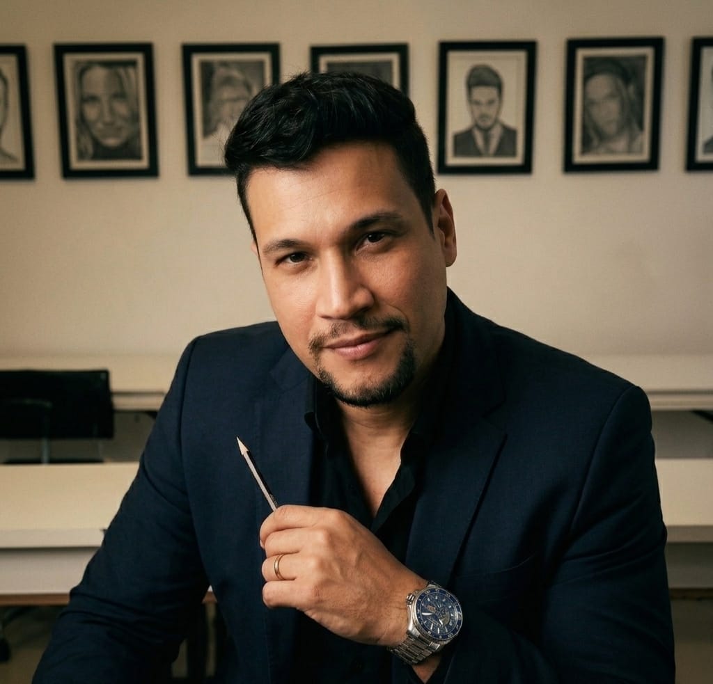 Alequis Ferreira, professor e fundador da Escola Smart Art, segurando um lápis com desenhos ao fundo